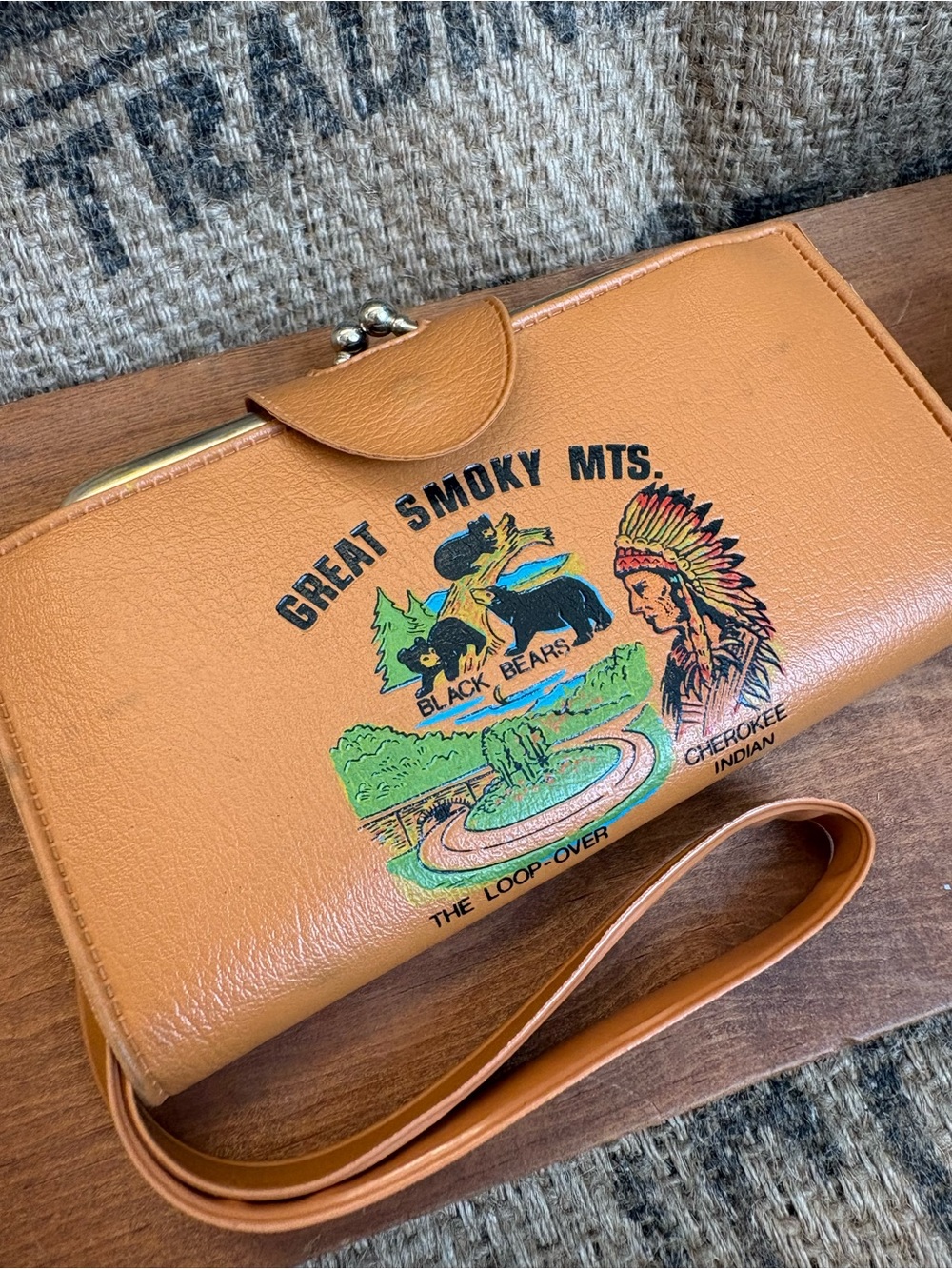 Kitschy Vinyl Souvenir Great Smoky Mountains Tan Wristlet Wallet with Graphics